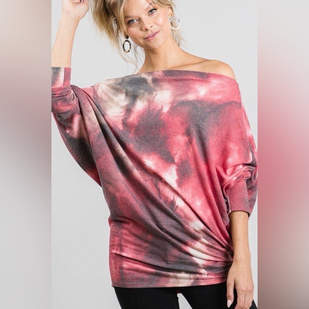 Pink Red Off Shoulder Dolman Sleeve Top